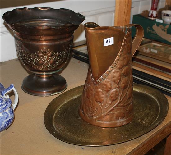 Newlyn School copper jug embossed with honesty flowers and other copper/brassware